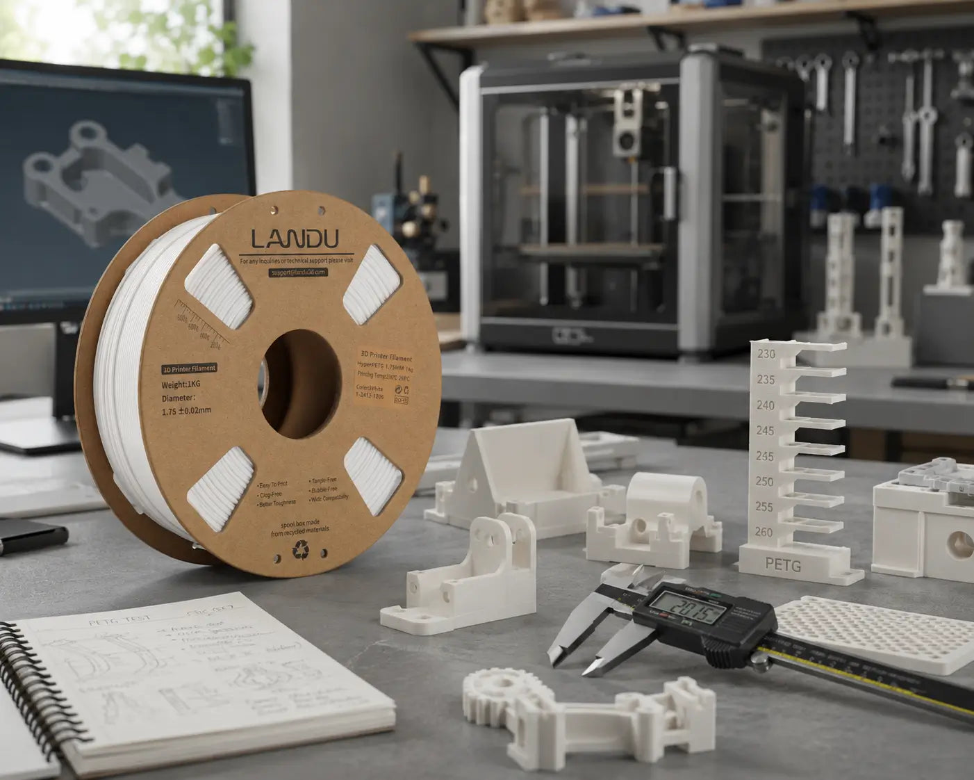 LANDU Rapid PETG filament with temperature tower and functional PETG printed parts in a professional engineering workspace