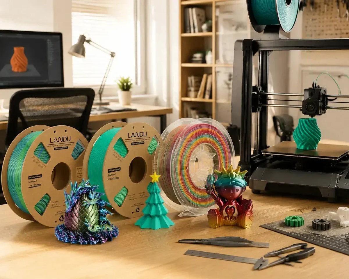 LANDU PLA filament spool and FDM 3D printed models for PLA printing guide