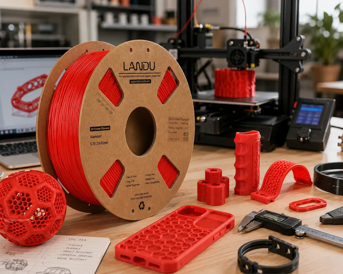 TPU filament guide showing flexible 3D printing filament and TPU 95A printed parts