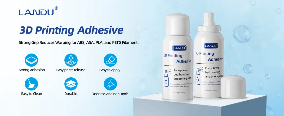 LANDU 3D printing adhesive spray 150ml bottles highlighting strong bed adhesion to reduce warping and an odorless non toxic formula.