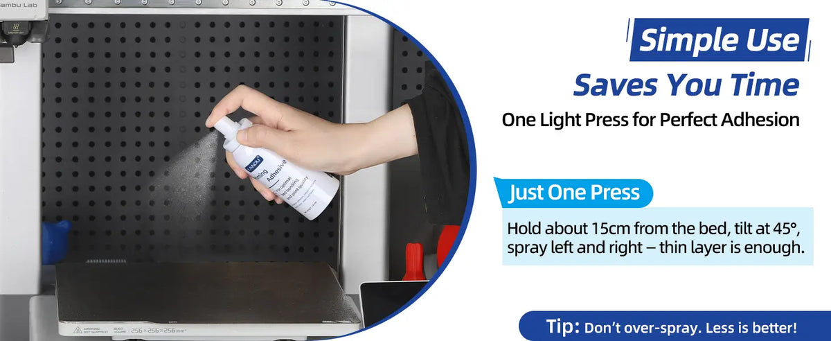 User applying a thin layer of LANDU 3D printing adhesive spray onto a print bed demonstrating simple use and fast application.