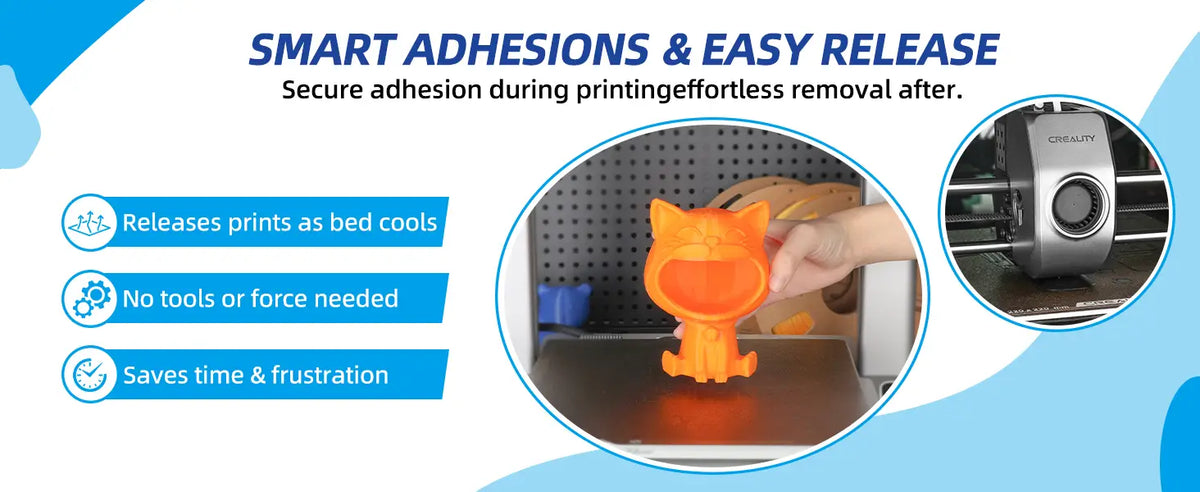 Effortless removal of an orange 3D printed cat model from the build plate using LANDU bed adhesion spray as the bed cools.