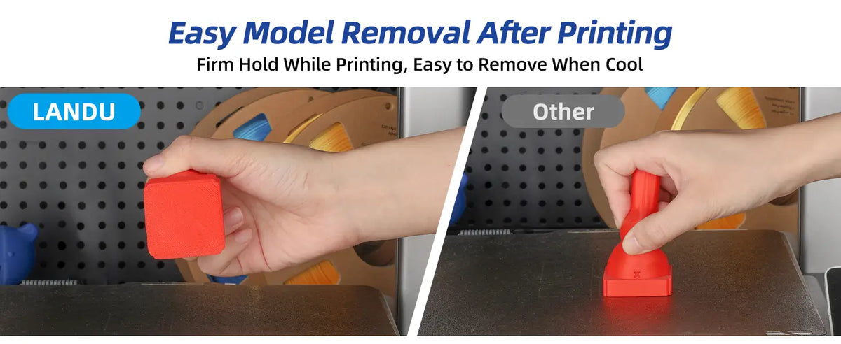 Comparison showing easy model removal with LANDU 3D printing adhesive spray versus struggling with other regular bed adhesives.