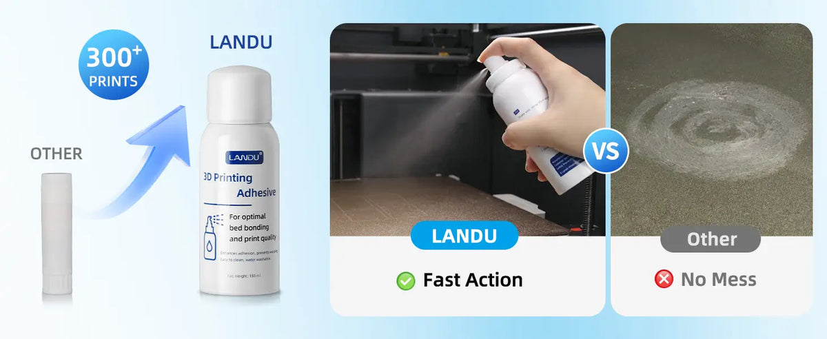LANDU 3D printing adhesive spray yielding over 300 prints with fast action application compared to messy traditional glue sticks.