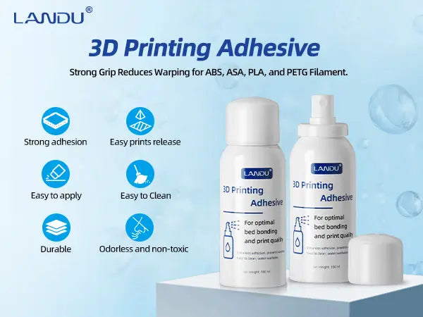 LANDU 3D printing adhesive spray 150ml bottles highlighting strong bed adhesion to reduce warping and an odorless non toxic formula.