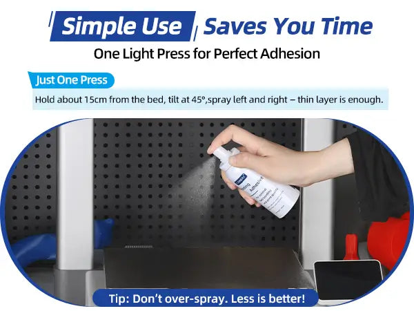 User applying a thin layer of LANDU 3D printing adhesive spray onto a print bed demonstrating simple use and fast application.