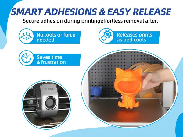 Effortless removal of an orange 3D printed cat model from the build plate using LANDU bed adhesion spray as the bed cools.