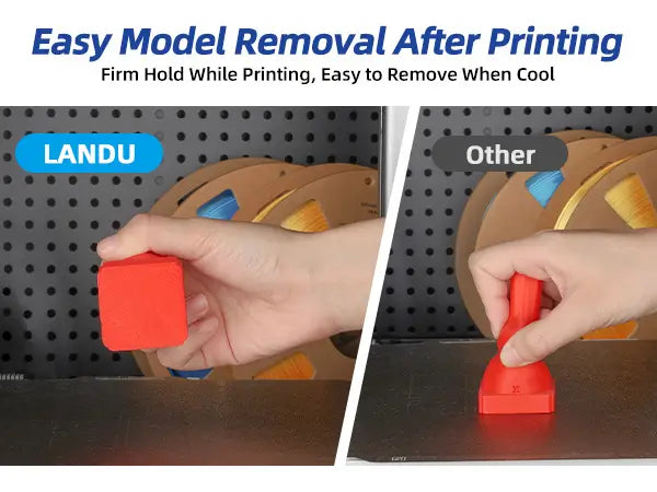 Comparison showing easy model removal with LANDU 3D printing adhesive spray versus struggling with other regular bed adhesives.