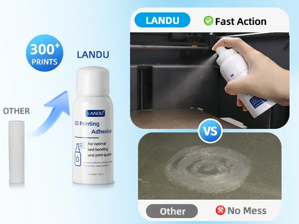 LANDU 3D printing adhesive spray yielding over 300 prints with fast action application compared to messy traditional glue sticks.