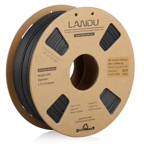 LANDU Black ABS 3D printer filament 1.75mm 1kg on an eco-friendly cardboard spool for FDM 3D printing.