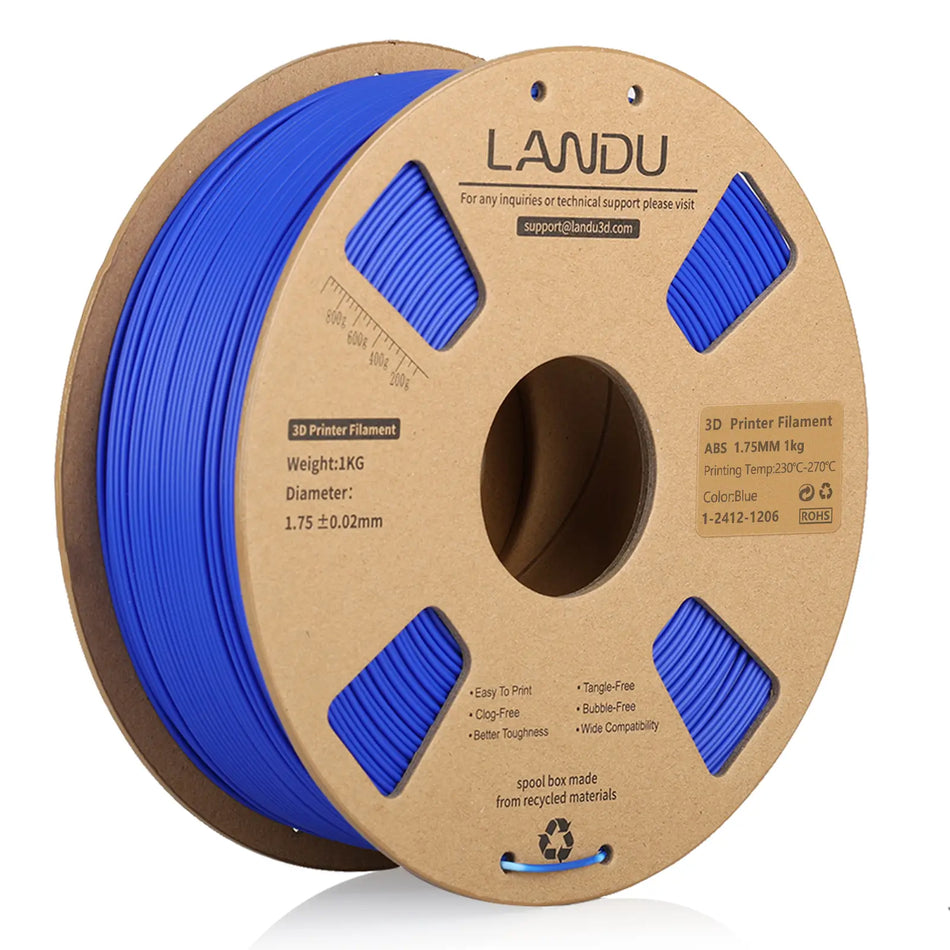 LANDU Blue ABS 3D printer filament 1.75mm 1kg on an eco-friendly cardboard spool for FDM 3D printing.