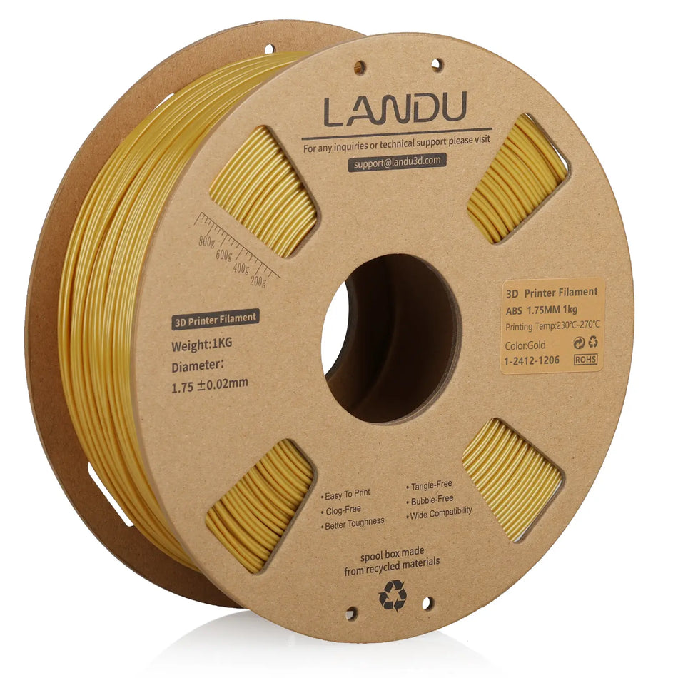 LANDU Gold ABS 3D printer filament 1.75mm 1kg on an eco-friendly cardboard spool for FDM 3D printing.