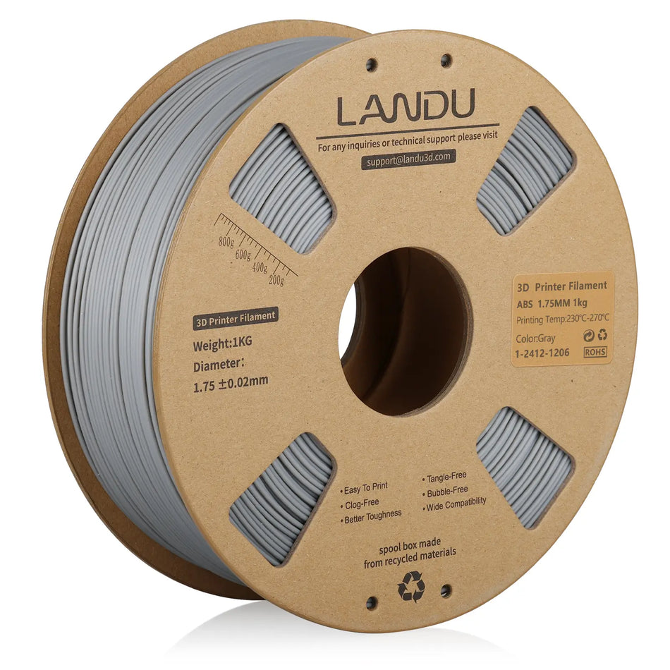 LANDU Gray ABS 3D printer filament 1.75mm 1kg on an eco-friendly cardboard spool for FDM 3D printing.