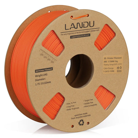 LANDU Orange ABS 3D printer filament 1.75mm 1kg on an eco-friendly cardboard spool for FDM 3D printing.