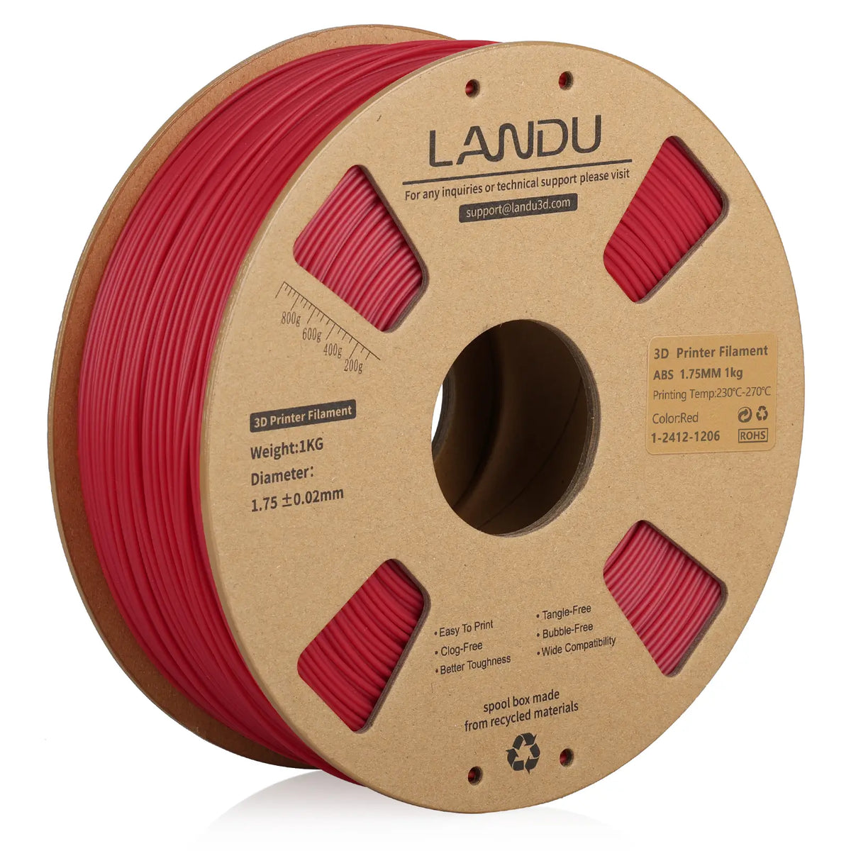 LANDU Red ABS 3D printer filament 1.75mm 1kg on an eco-friendly cardboard spool for FDM 3D printing.