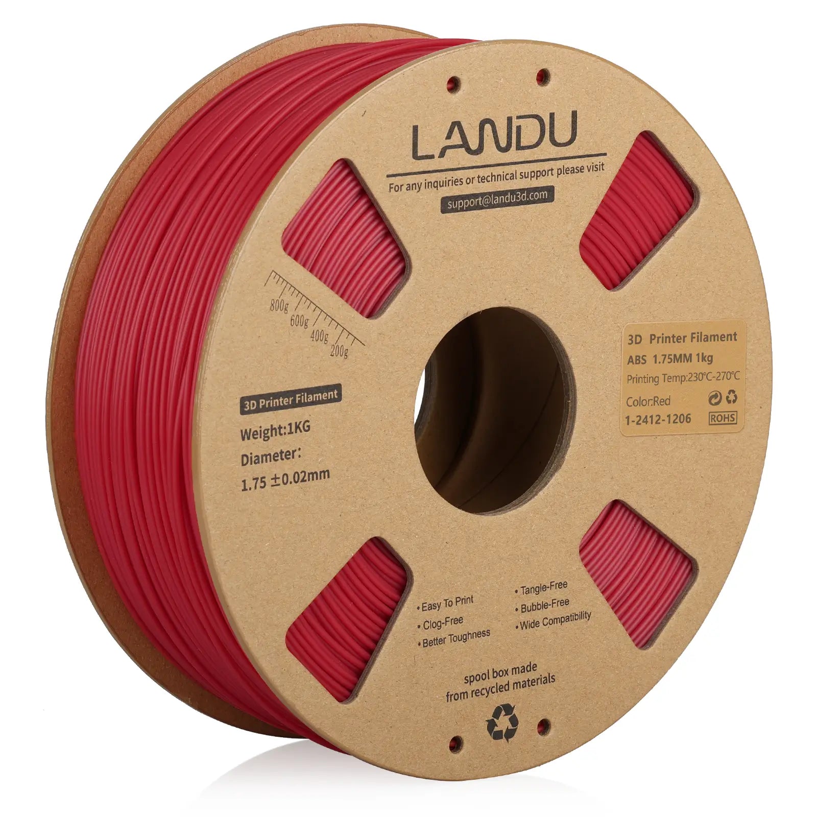 LANDU Red ABS 3D printer filament 1.75mm 1kg on an eco-friendly cardboard spool for FDM 3D printing.