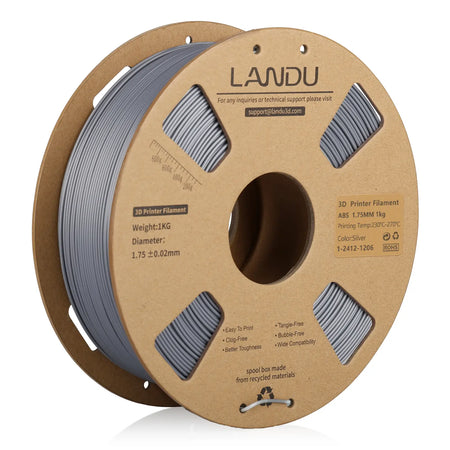 LANDU Silver ABS 3D printer filament 1.75mm 1kg on an eco-friendly cardboard spool for FDM 3D printing.