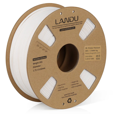 LANDU White ABS+ 3D printer filament 1kg cardboard spool, designed for high-strength and heat-resistant functional prints.