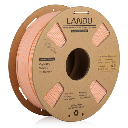 LANDU Beige ABS+ 3D printer filament 1kg eco-friendly cardboard spool, offering low warping for reliable FDM 3D printing.