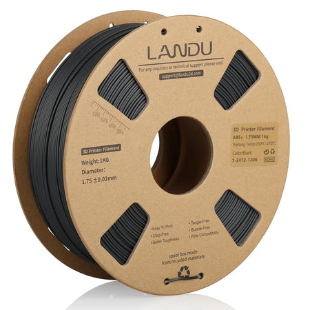 LANDU Black ABS+ 3D printer filament 1kg cardboard spool, formulated for durable engineering parts and mechanical components.