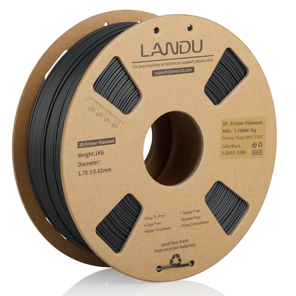 LANDU Black ABS+ 3D printer filament 1kg cardboard spool, formulated for durable engineering parts and mechanical components.