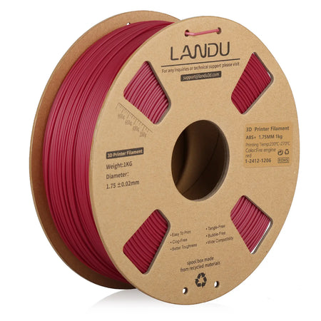 LANDU Fire Engine Red ABS+ 3D printer filament 1kg cardboard spool, ideal for creating tough and impact-resistant prototypes.