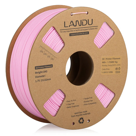 LANDU Pink ABS+ 3D printer filament 1kg cardboard spool, offering a low-odor and warp-resistant FDM printing experience.
