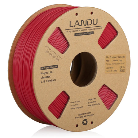 LANDU Red ABS+ 3D printer filament 1kg cardboard spool, perfect for printing tough, heat-resistant functional models.