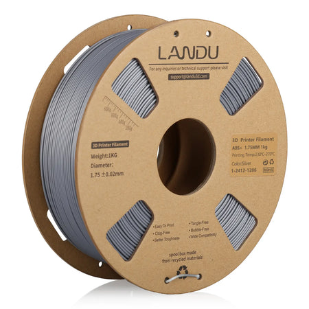 LANDU Silver ABS+ 3D printer filament 1kg cardboard spool, optimized for creating durable and dimensionally stable engineering prints.