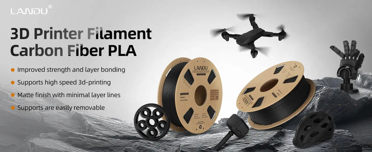 LANDU Carbon Fiber PLA 3D printer filament spools alongside printed models like a drone and gears, showcasing matte finish and high strength.