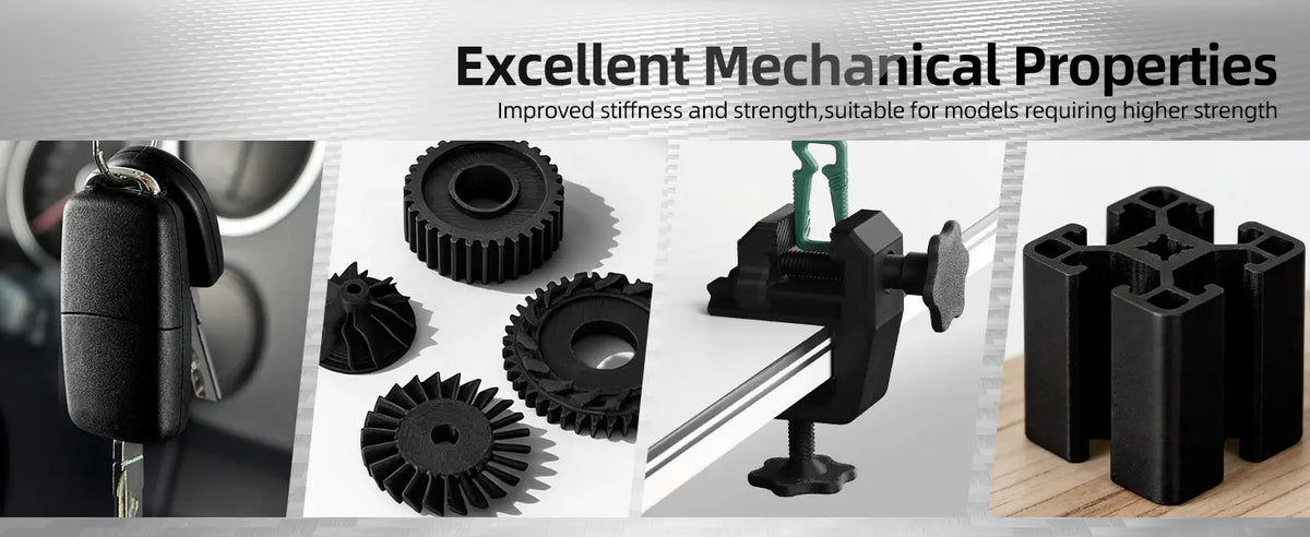 Functional 3D printed parts including gears and clamps, demonstrating the excellent mechanical stiffness and strength of LANDU Carbon Fiber PLA.