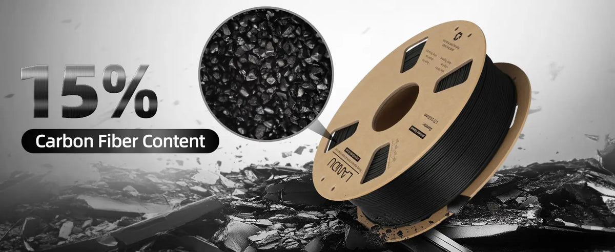 Magnified view of chopped carbon fibers highlighting the 15 percent premium carbon fiber content in LANDU PLA filament.