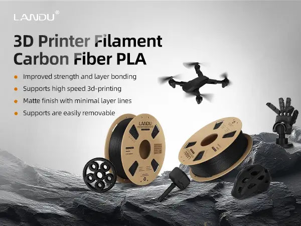 LANDU Carbon Fiber PLA 3D printer filament spools alongside printed models like a drone and gears, showcasing matte finish and high strength.