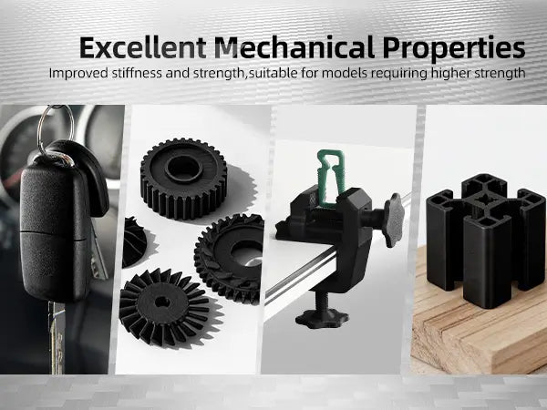 Functional 3D printed parts including gears and clamps, demonstrating the excellent mechanical stiffness and strength of LANDU Carbon Fiber PLA.