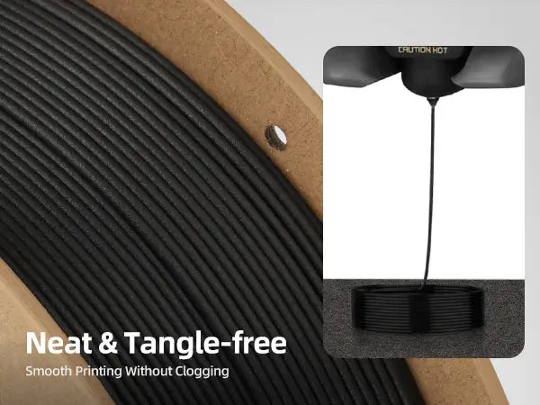 Close-up of neatly wound LANDU Carbon Fiber PLA spool and smooth extrusion from a 3D printer nozzle, ensuring tangle-free printing without clogging.