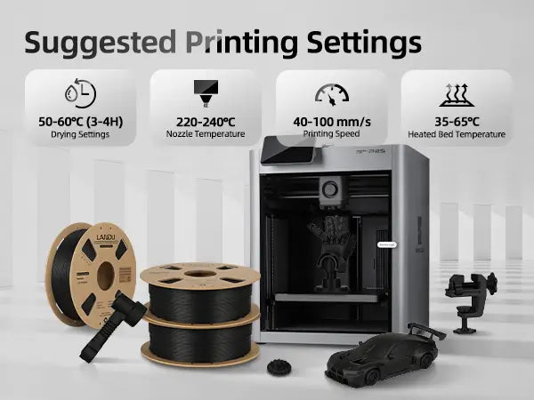 Suggested printing settings guide for LANDU Carbon Fiber PLA filament, featuring a high-speed enclosed 3D printer and precision printed models.