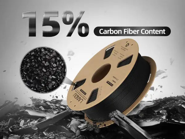 Magnified view of chopped carbon fibers highlighting the 15 percent premium carbon fiber content in LANDU PLA filament.