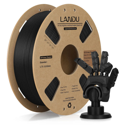 LANDU Carbon Fiber PLA 3D printer filament 1kg spool displayed with a functional printed mechanical hand.