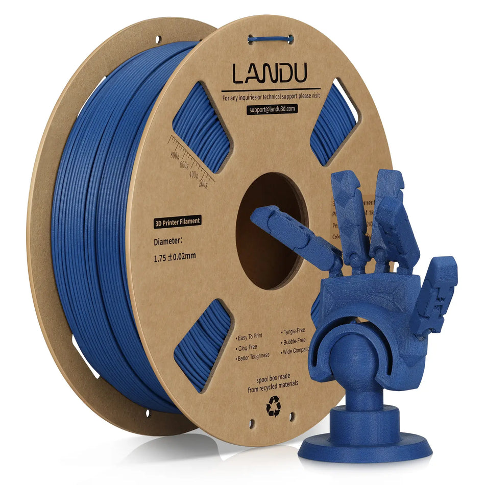 LANDU Blue Carbon Fiber PLA 3D printer filament 1kg spool displayed with a matching printed mechanical hand.