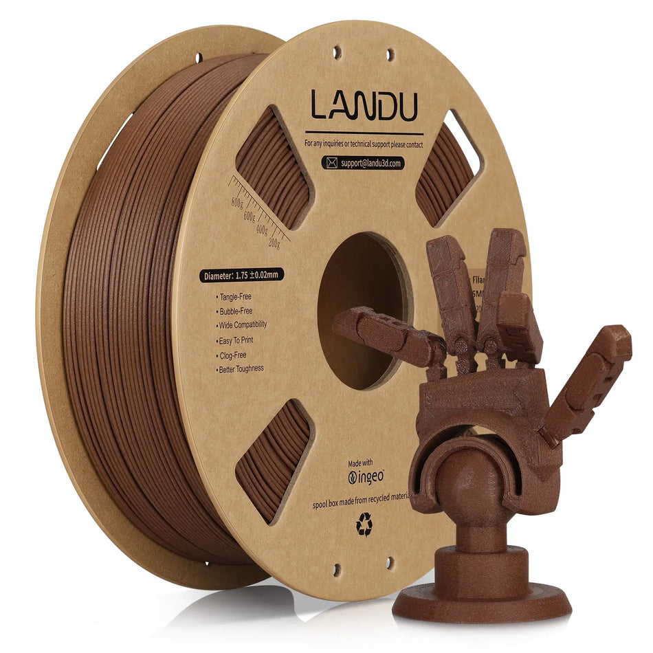 LANDU Brown Carbon Fiber PLA 3D printer filament 1kg spool alongside a functional printed mechanical hand.