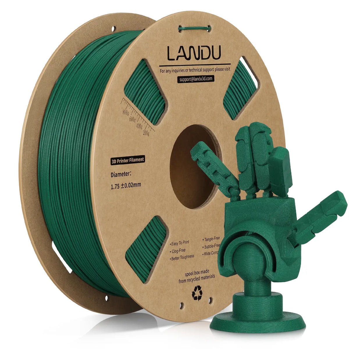 LANDU Green Carbon Fiber PLA 3D printer filament 1kg spool featured with a 3D printed mechanical hand model.