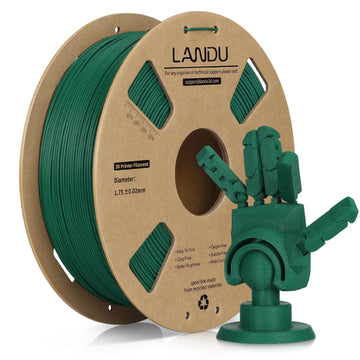 LANDU Green Carbon Fiber PLA 3D printer filament 1kg spool featured with a 3D printed mechanical hand model.