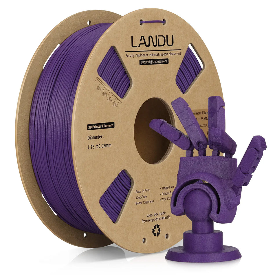 LANDU Purple Carbon Fiber PLA 3D printer filament 1kg spool displayed next to a purple printed mechanical hand.