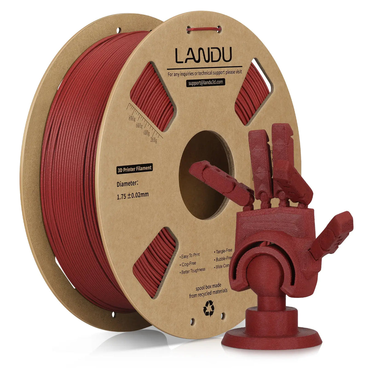 LANDU Red Carbon Fiber PLA 3D printer filament 1kg spool alongside a matching red 3D printed mechanical hand.