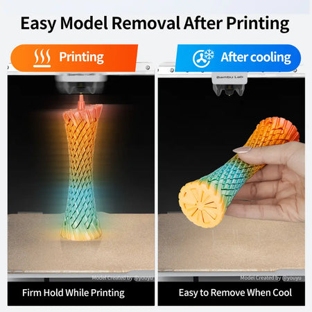 Comparison showing firm bed bonding during 3D printing and easy, tool-free model removal once the print bed cools down.