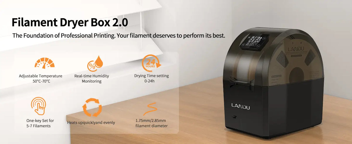 LANDU Filament Dryer Box 2.0 on a desk highlighting professional features like adjustable temperature, real-time humidity monitoring, and a 24-hour timer.