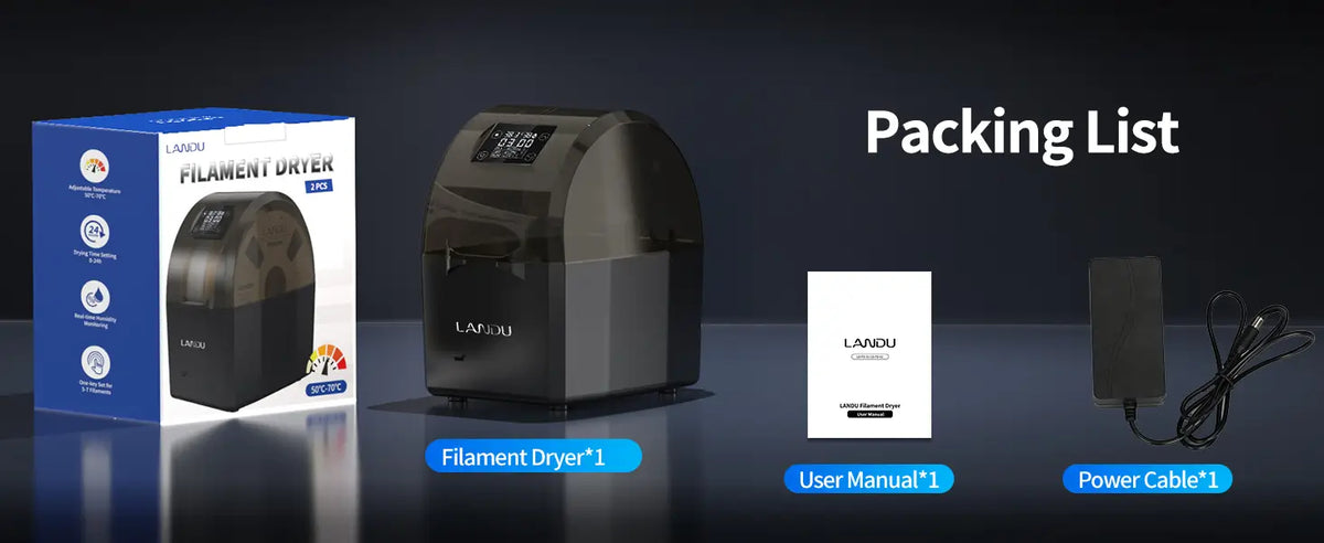 Packing list for the LANDU filament dryer box including the main unit, retail packaging, user manual, and power cable.