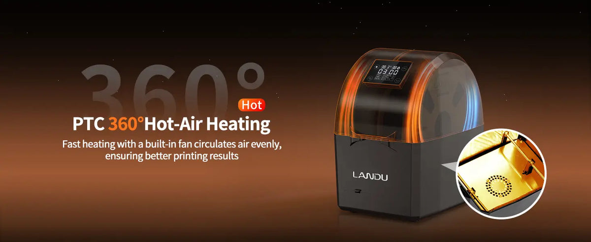 LANDU 3D printer filament dryer displaying PTC 360 degree hot air heating with a built-in fan for fast and even air circulation.