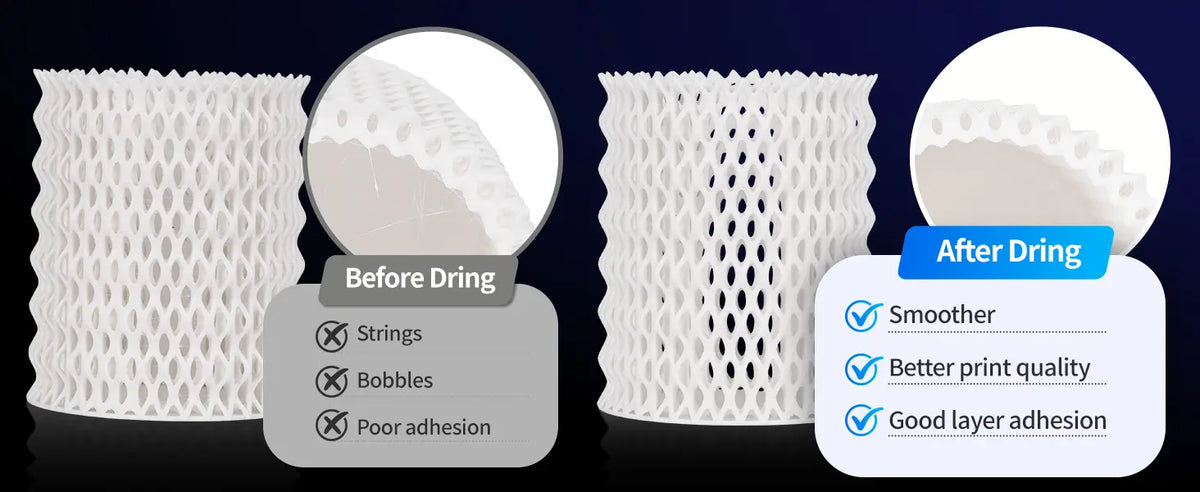 Comparison of a 3D printed white cylinder showing stringing before drying versus a smooth high quality print after using the LANDU filament dryer.