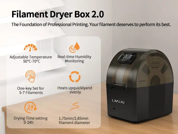 LANDU Filament Dryer Box 2.0 on a desk highlighting professional features like adjustable temperature, real-time humidity monitoring, and a 24-hour timer.